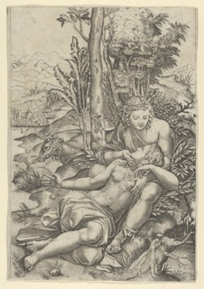 Medor and Angelica from Lodovico Ariosto's 'Orlando Furioso' or Venus and Adonis ..., ca. 1500-1534. Creator: Marcantonio Raimondi.
