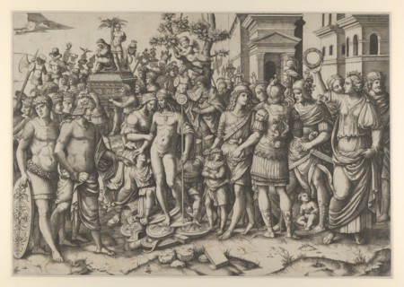 The triumph of a Roman Emperor; a young naked hero stands at center on a pile of armor..., ca. 1510. Creator: Marcantonio Raimondi.
