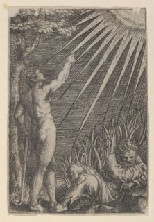 An old man reclining on the ground at right; at left a naked younger man standing p..., ca. 1510-27. Creator: Marcantonio Raimondi.