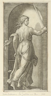 Justice personified by a young woman holding a sword in her raised right hand, scal..., ca. 1515-25. Creator: Marcantonio Raimondi.