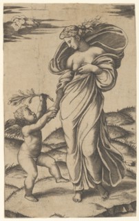An allegory of Peace; Peace personified as a woman standing in a landscape holding ..., ca. 1517-20. Creator: Marcantonio Raimondi.