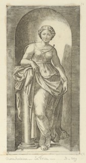 Fortitude or Strength personified by a woman standing in a nice resting her arm on ..., ca. 1515-25. Creator: Marcantonio Raimondi.