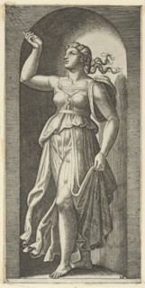 Faith personified by a woman standing in a niche, pointing to rays in the upper lef..., ca. 1515-25. Creator: Marcantonio Raimondi.