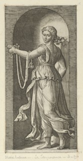 Temperance personfied by a woman standing in a niche holding a bit, from 'The Virtu..., ca. 1515-25. Creator: Marcantonio Raimondi.