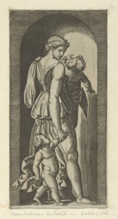 Charity personified by a woman with two childen, from 'The Virtues', ca. 1515-25. Creator: Marcantonio Raimondi.