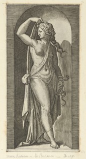 Prudence personified by a woman standing in a niche, holding a shawl in her right h..., ca. 1515-25. Creator: Marcantonio Raimondi.