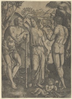 An allegorical scene; a young woman at centre holding a wreath above her head, at l..., ca. 1515-27. Creator: Marcantonio Raimondi.