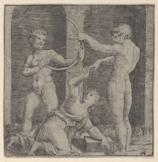 A woman kneeling at centre reaching up with her right hand to place a ring on the f..., ca. 1510-27. Creator: Marcantonio Raimondi.