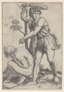 The seated naked man at left being beaten with a fox's tail, ca. 1510-27. Creator: Marcantonio Raimondi.