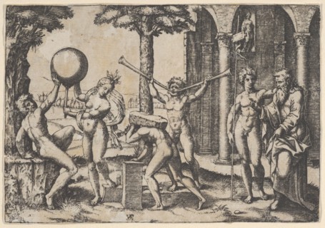 A man with two trumpets in the centre flanked by other figures including an old and..., ca. 1510-27. Creator: Marcantonio Raimondi.