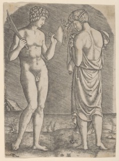 A naked man at left showing an axe to a woman at right, ca. 1510-27. Creator: Marcantonio Raimondi.