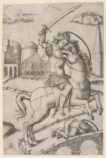 Horatius Cocles on horseback, trampling a fallen soldier, ca. 1510-27. Creator: Marcantonio Raimondi.