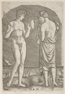 A naked man at left showing an axe to a woman at right, ca. 1510-27. Creator: Marcantonio Raimondi.