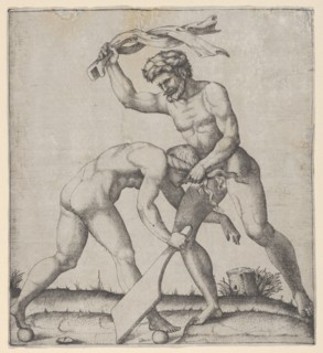 A naked man holding Fortune by the hair and whipping her, ca. 1510-27. Creator: Marcantonio Raimondi.