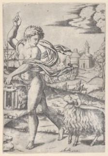 A naked young man walking left, carrying a lantern and looking backwards over his s..., ca. 1510-27. Creator: Marcantonio Raimondi.