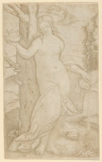 A woman watering a plant, a pot in her raised right hand, ca. 1507-8. Creator: Marcantonio Raimondi.
