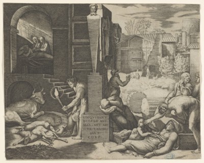 A plague scene at right, a man at left holding a torch illuminating part of the sce..., ca. 1515-16. Creator: Marcantonio Raimondi.
