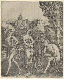 A young man sitting at right resting his head in his hand, a snake with a womans he..., ca. 1510-20. Creator: Marcantonio Raimondi.