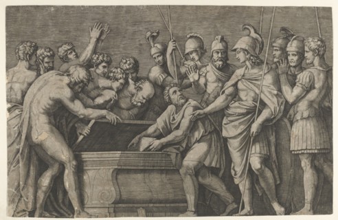 Alexander the Great commanding that the work of Homer be placed in the tomb of Ac..., ca. 1500-1534. Creator: Marcantonio Raimondi.