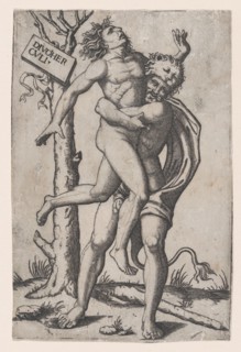 Hercules, grasping Antaeus at the waist with both arms and lifting him off his fe..., ca. 1500-1550. Creator: Marcantonio Raimondi.