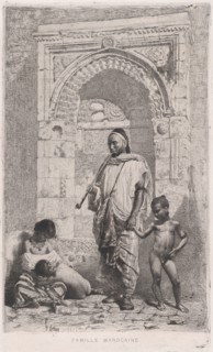 A Moroccan family in front of an arch, father standing, mother lower left on the ground ho..., 1862. Creator: Mariano Jose Maria Bernardo Fortuny y Carbo.