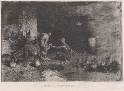 A Morrocan farrier at left accompanied by another figure attending to the hoof of a..., ca. 1860-70. Creator: Mariano Jose Maria Bernardo Fortuny y Carbo.