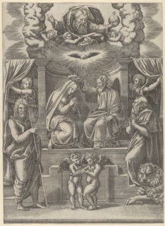 The coronation of the Virgin, God the Father above, St Jerome lower right and St John t..., 1530-60. Creator: Master of the Die.
