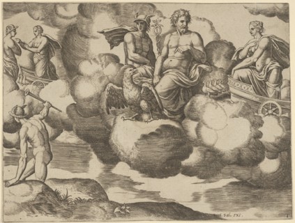 Venus in her dove-drawn chariot complaining to Jupiter who is accompanied by Mercury, f..., 1530-60. Creator: Master of the Die.