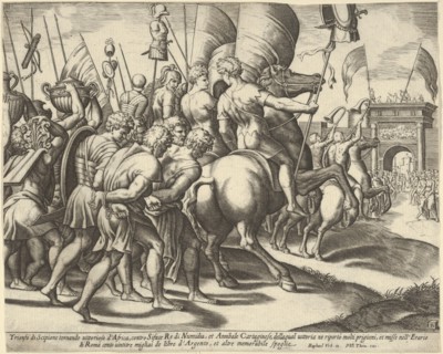 The Triumph of Scipio who rides on a horse followed by captured slaves, 1530-60. Creator: Master of the Die.