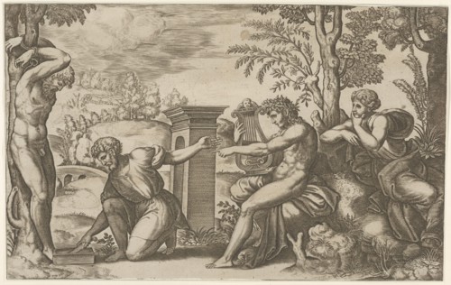 Apollo seated at the right with a lyre, pointing to a kneeling man who is about to flay..., 1530-60. Creator: Master of the Die.
