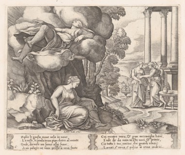 Plate 6: Zephyr carrying Psyche to an enchanted palace, from the Story of Cupid and Psy..., 1530-60. Creator: Master of the Die.