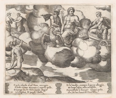 Plate 18: Venus in her dove-drawn chariot complaining to Jupiter, who is accompanied by..., 1530-60. Creator: Master of the Die.
