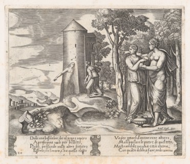Plate 24: Venus and Psyche standing at right, pointing to the underworld at center, int..., 1530-60. Creator: Master of the Die.