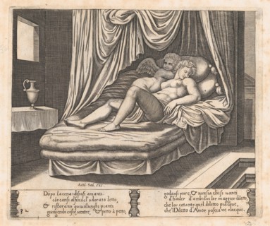 Plate 32: Cupid and Psyche in the nuptial bed, from the Story of Cupid and Psyche as to..., 1530-60. Creator: Master of the Die.