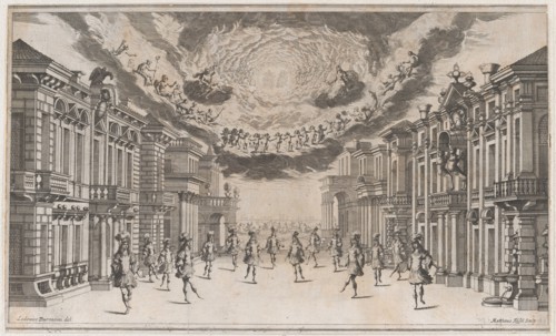 A group of young men dancing as the gods look on from above; set design from 'Il Pomo D'Or..., 1668. Creator: Mathäus Küsel.