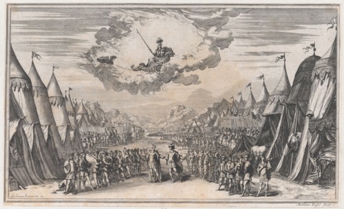 The leaders of two armies conversing, their respective troops and camps on either side; ab..., 1668. Creator: Mathäus Küsel.