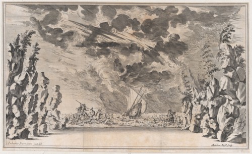 A shore framed by rocks, with Neptune in his chariot on the left and Salacia in hers on th..., 1668. Creator: Mathäus Küsel.