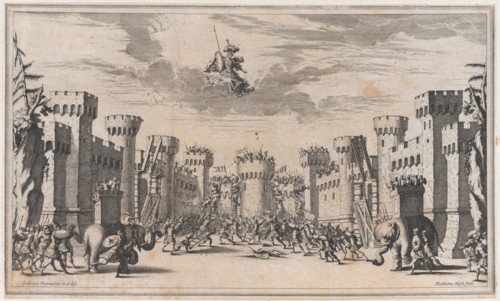 A city under siege with elephants and soldiers throughout; Mars looking down from above; s..., 1668. Creator: Mathäus Küsel.