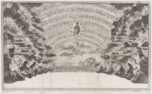 A female figure in glory at center, surrounded by burning rocks; below Cupid sailing on a ..., 1668. Creator: Mathäus Küsel.
