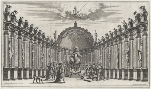 Figures worshipping the statue of an armed figure; set design from 'Il Pomo D'Oro', 1668. Creator: Mathäus Küsel.
