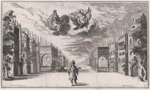 A man stands at center, flanked by rows of buildings; above Jupiter atop an eagle and Juno..., 1668. Creator: Mathäus Küsel.