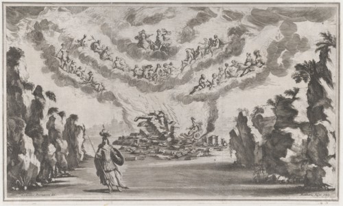 A woman in a chariot arrives at the ruins of a building as the Olympian gods look down fro..., 1668. Creator: Mathäus Küsel.