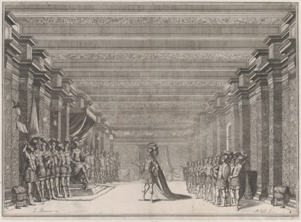 Throne room with a man in classical armor standing at center addressing a man seated on a ..., 1674. Creator: Mathäus Küsel.