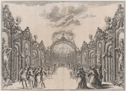 A sacrifice to the Olympian gods taking place at the end of a path lined with statues and ..., 1674. Creator: Mathäus Küsel.
