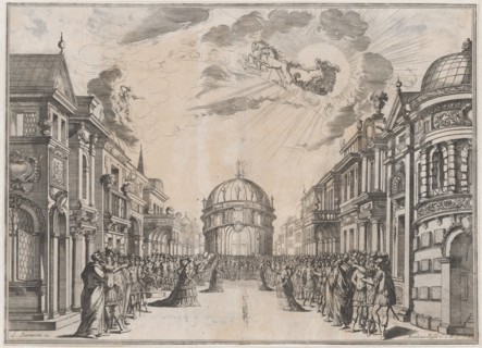 A large gathering of people in the street as a goddess races across the sky in a chariot l..., 1674. Creator: Mathäus Küsel.