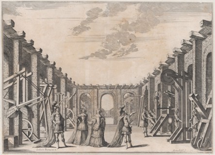 Two men in classical armor and two women looking at the mechanical devices on either side ..., 1674. Creator: Mathäus Küsel.