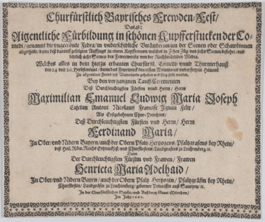 Text to accompany plate illustrating the fireworks display celebrating the birth of Prince..., 1662. Creator: Mathäus Küsel.