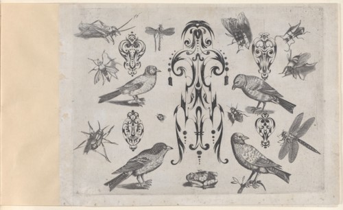 Blackwork Designs with Birds and Insects, Plate 2 from a Series of Blackwork Ornamen..., after 1622. Creator: Meinert Gelijs.