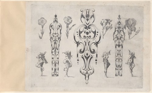 Blackwork Designs with Flowers and Commedia dell'Arte Figures, Plate 4 from a Series..., after 1622. Creator: Meinert Gelijs.