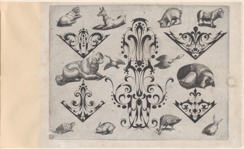 Blackwork Designs with Various Mammals and Birds, Plate 5 from a Series of Blackwork..., after 1622. Creator: Meinert Gelijs.